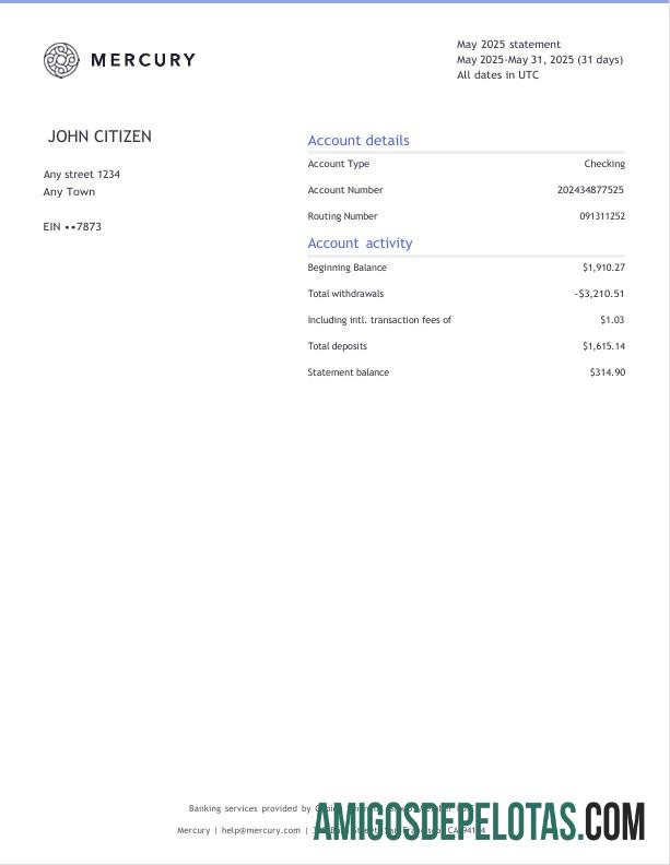 Modelo de 3 páginas do extrato bancário EUA CA San Francisco Mercury